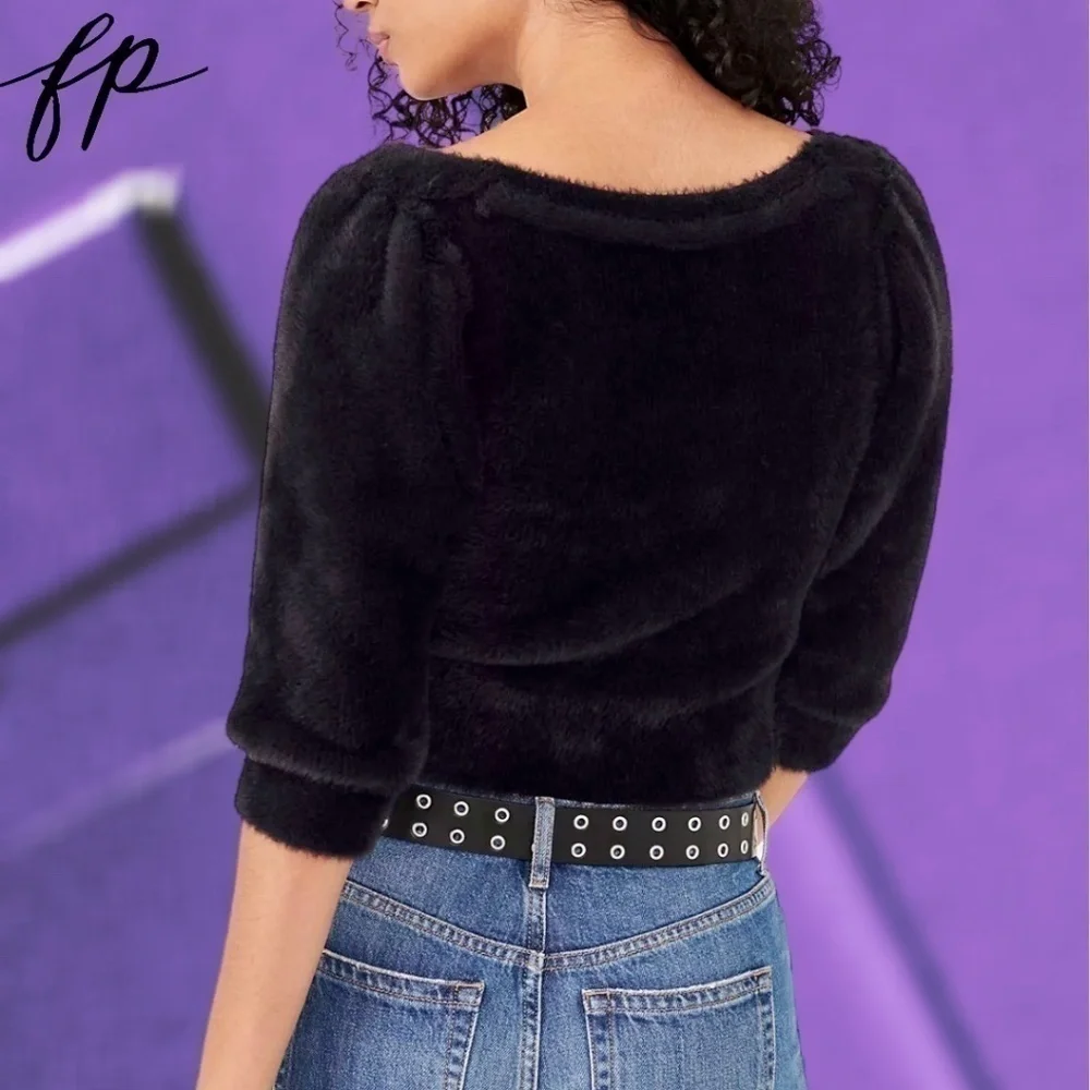 FREE PEOPLE NWT Moonbeam Puff Sleeve Fuzzy Cropped Pullover Sweater/LG